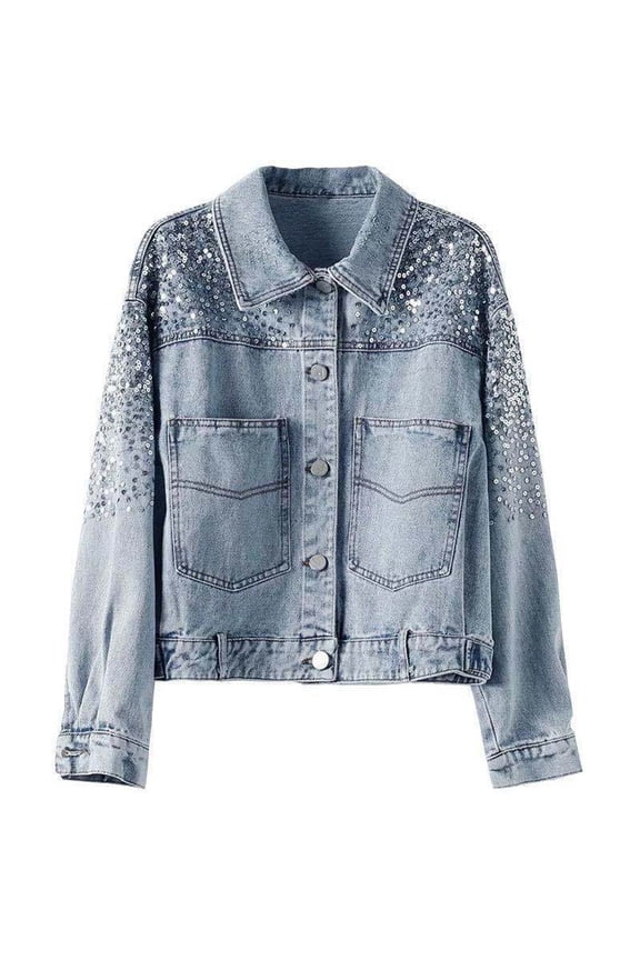 Jean Jacket for Women Trendy Sequin Sparkly Button down Vintage Jackets Spring Fall Coat Fashion Clothes (M, Blue)
