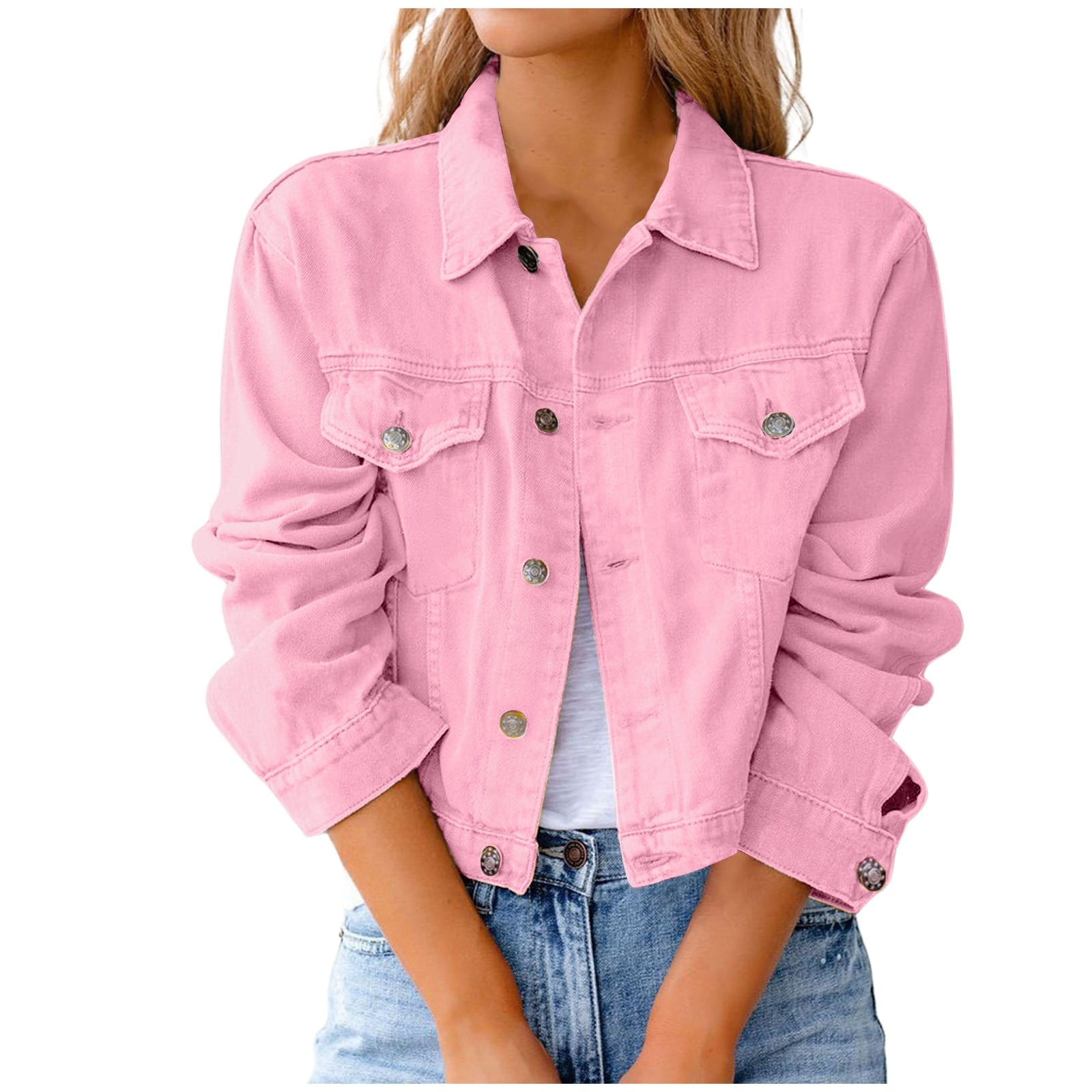 Jean Jacket for Women Trendy Short Jackets for Women Long Sleeve Button Down Pink Denim Jacket Walmart