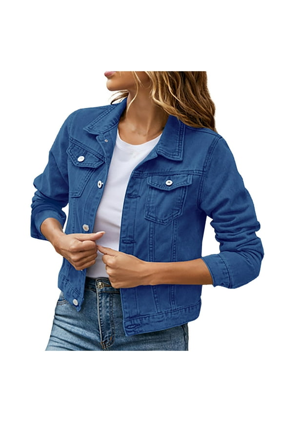 Jean Jackets for Women Fashion Long Sleeve Lapel Button Down Regular Fit Cardigan Coat Tops with Pocket Womens Denim Jacket 2023 Cropped Jean Jackets for Women BlueL