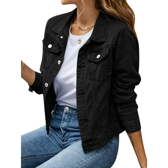 Jean Jackets for Women Basic Long Sleeve Button Down Denim Jacket Cropped Fashion Jean Jacket Black M