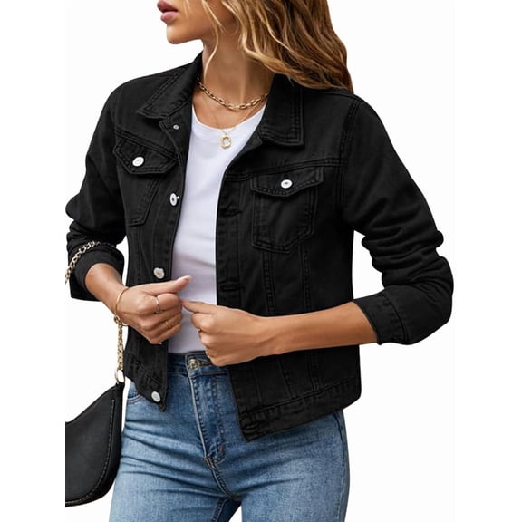 Jean Jackets for Women Basic Long Sleeve Button Down Denim Jacket Cropped Fashion Jean Jacket Black S