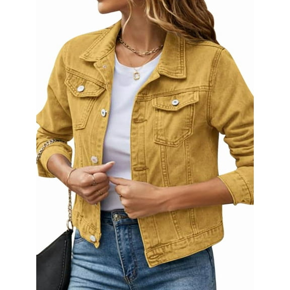 Jean Jackets for Women Basic Long Sleeve Button Down Denim Jacket Cropped Fashion Jean Jacket Earth Yellow S