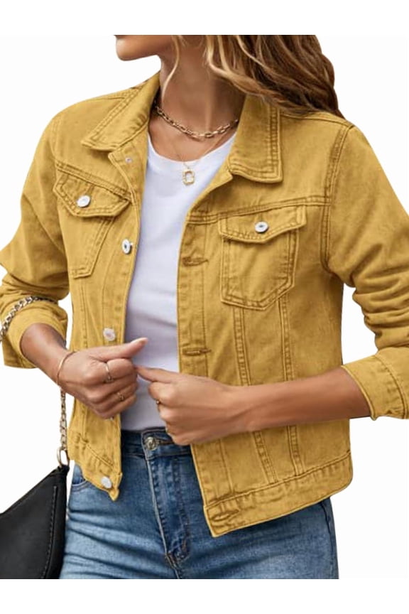 Jean Jackets for Women Basic Long Sleeve Button Down Denim Jacket Cropped Fashion Jean Jacket Earth Yellow S