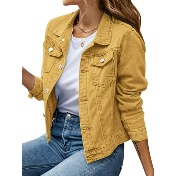Jean Jackets for Women Basic Long Sleeve Button Down Denim Jacket Cropped Fashion Jean Jacket Earth Yellow XL