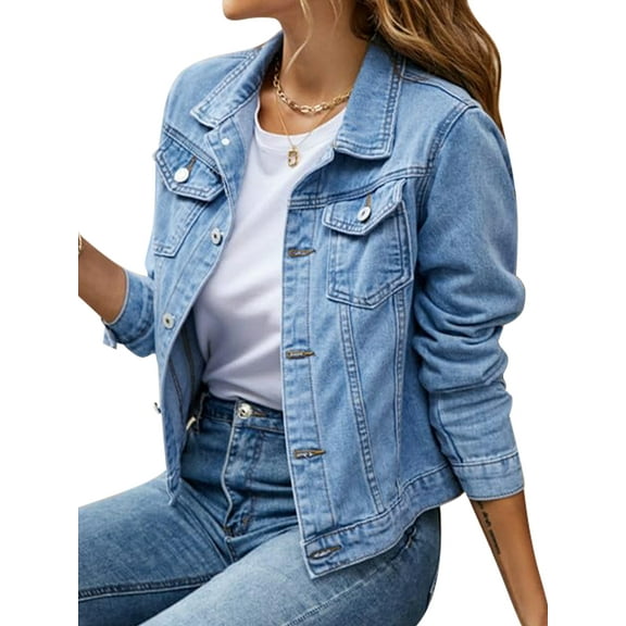 Jean Jackets for Women Basic Long Sleeve Button Down Denim Jacket Cropped Fashion Jean Jacket Light blue M
