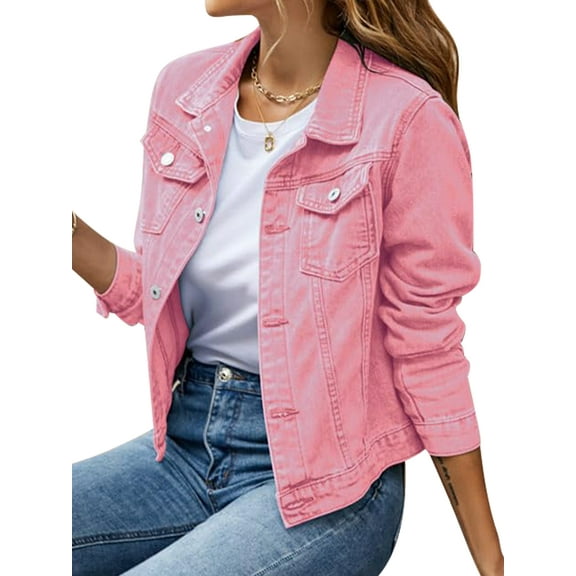 Jean Jackets for Women Basic Long Sleeve Button Down Denim Jacket Cropped Fashion Jean Jacket Pink XXL