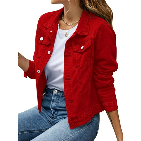 Jean Jackets for Women Basic Long Sleeve Button Down Denim Jacket Cropped Fashion Jean Jacket Red L