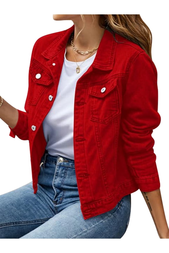 Jean Jackets for Women Basic Long Sleeve Button Down Denim Jacket Cropped Fashion Jean Jacket Red M