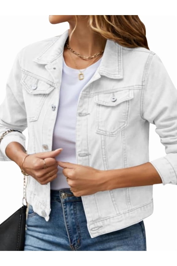 Jean Jackets for Women Basic Long Sleeve Button Down Denim Jacket Cropped Fashion Jean Jacket White M