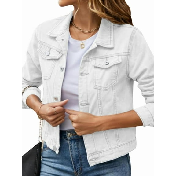 Jean Jackets for Women Basic Long Sleeve Button Down Denim Jacket Cropped Fashion Jean Jacket White XL