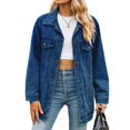 thumbnail image 1 of Jean Jackets for Women Trendy Button Down Denim Trucker Jackets Long Sleeves Frayed Hem Shacket Jacket Deep Blue XXL, 1 of 9