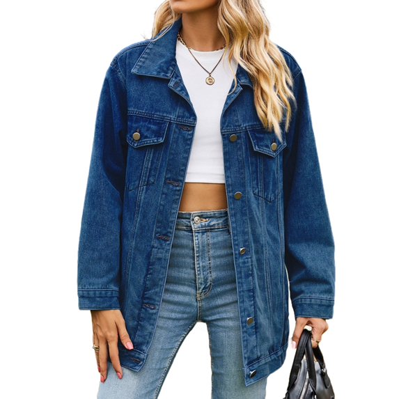 Jean Jackets for Women Trendy Button Down Denim Trucker Jackets Long Sleeves Frayed Hem Shacket Jacket Deep Blue XXL