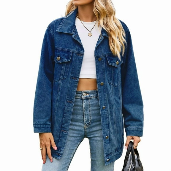 Jean Jackets for Women Trendy Button Down Denim Trucker Jackets Long Sleeves Frayed Hem Shacket Jacket Deep Blue XXL