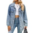 thumbnail image 1 of Jean Jackets for Women Trendy Button Down Denim Trucker Jackets Long Sleeves Frayed Hem Shacket Jacket Light Blue L, 1 of 9