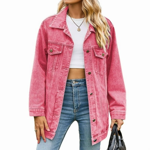 Jean Jackets for Women Trendy Button Down Denim Trucker Jackets Long Sleeves Frayed Hem Shacket Jacket Pink L