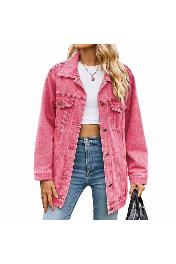 Jean Jackets for Women Trendy Button Down Denim Trucker Jackets Long Sleeves Frayed Hem Shacket Jacket Pink XXL