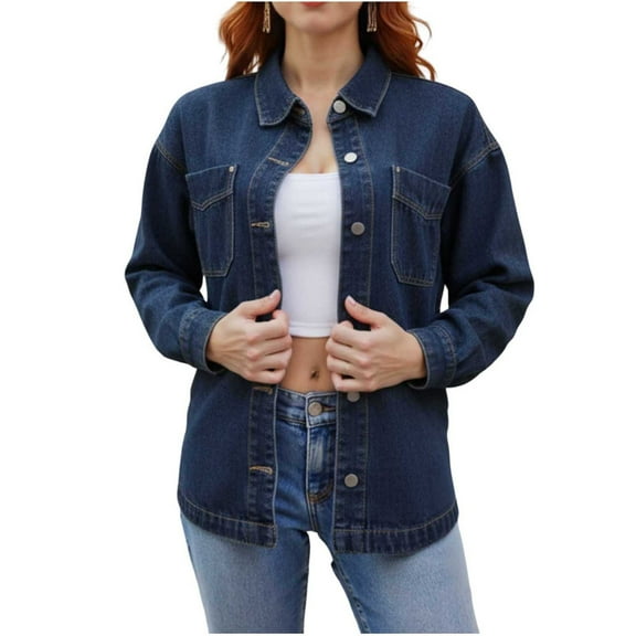 Jean Jackets for Women Trendy Button Up Denim Shirt Jacket Long Sleeve Split Casual Loose Fit Fashion Clothes with Pockets (L, Dark Blue)
