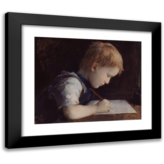Jean-Jacques Henner 14x12 Black Modern Framed Museum Art Print Titled - The Little Writer (1869)