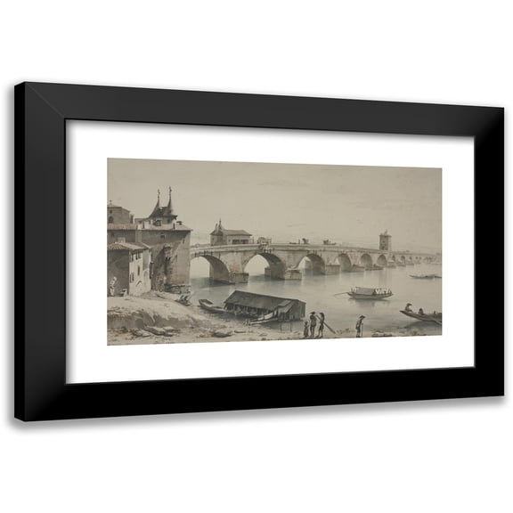 Jean-Jacques de Boissieu 14x10 Black Modern Framed Museum Art Print Titled - View of the Guillotiere Bridge in Lyon (1760)