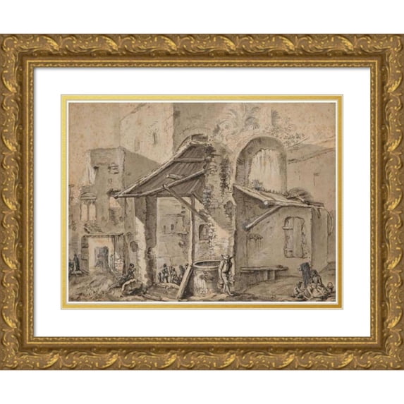 Jean-Jacques de Boissieu 14x11 Gold Ornate Wood Frame and Double Matted Museum Art Print Titled - Characters in Front of Dwellings and Ruins