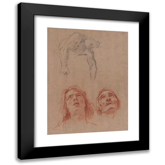 Jean Jouvenet 14x18 Black Modern Framed Museum Art Print Titled - Man Reaching Down and Two Studies of Heads (Recto) (Before 1698)