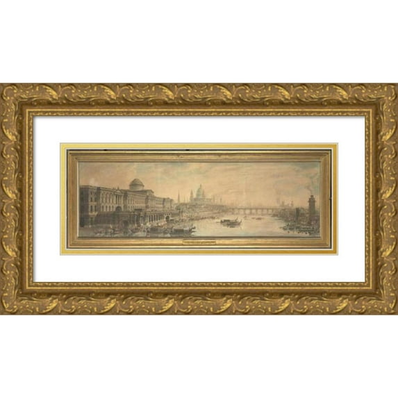 Jean Louis Desprez 18x9 Gold Ornate Wood Frame and Double Matted Museum Art Print Titled - Somerset House, Saint Paul's Cathedral and Blackfriar's Bridge