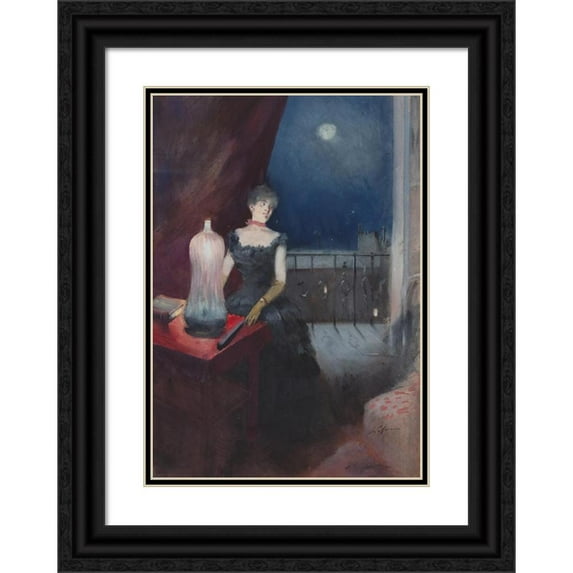 Jean-Louis Forain 11x14 Black Ornate Wood Framed Double Matted Museum Art Print Titled: Standing Woman with a Fan (Probably 1880-1890)