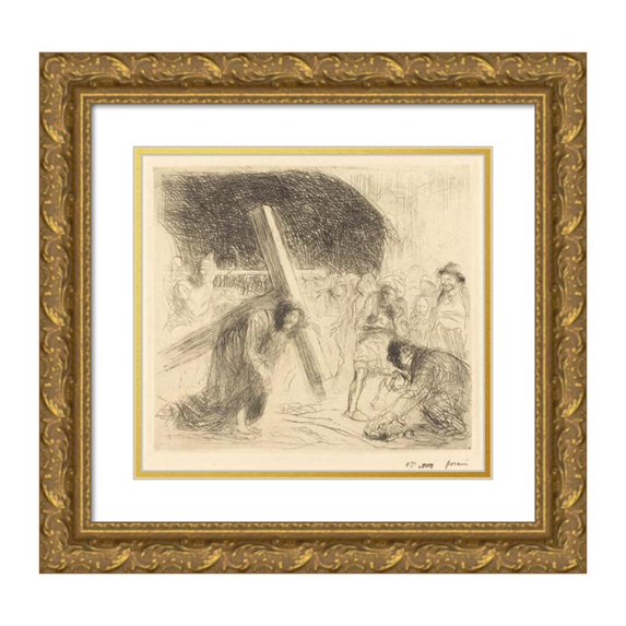 Jean-Louis Forain 13x12 Gold Ornate Wood Frame and Double Matted Museum Art Print Titled - Christ Carrying the Cross (Seventh Plate) (C. 1910)