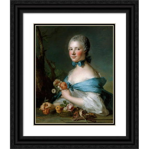 Jean-Marc Nattier 12x14 Black Ornate Wood Framed Double Matted Museum Art Print Titled: Portrait of a Woman (1753)