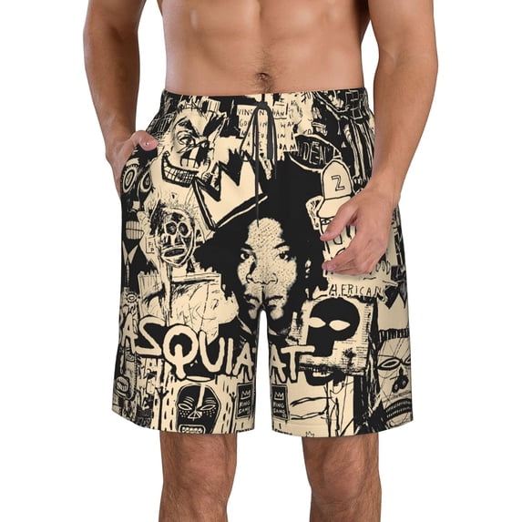 Jean Michel Basquiat Men's Beach Shorts Quick Dry Athletic Workout Swim Shorts Elastic Waist Drawstring Summer Shorts