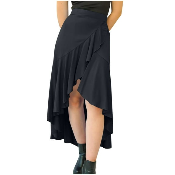 Jean Mini Skirt High Low Skirts for Women, Ruffle Wrap Elastic Waist Asymmetrical Summer Flowy Midi Beach Skirt Black M