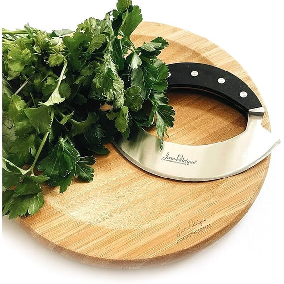Jean-Patrique Mezzaluna Knife with Board - Salad Chopper/Pizza Cutter Rocker, Single-Handled with a Stainless Steel Blade