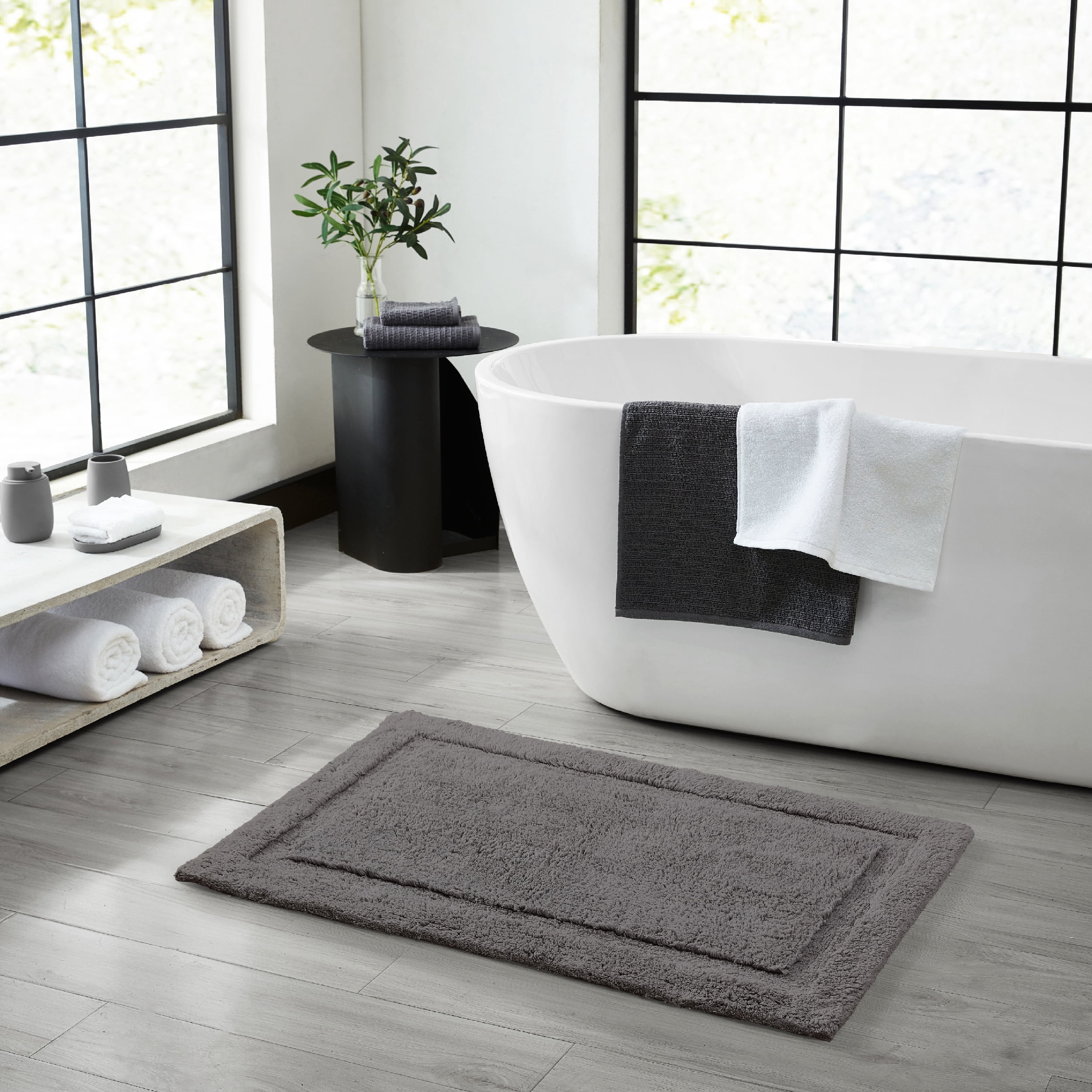 Jean Pierre New York Lydia Border 100% Cotton Bath Mat - Non-Slip Bath Rug - Charcoal Gray - 20"x30"
