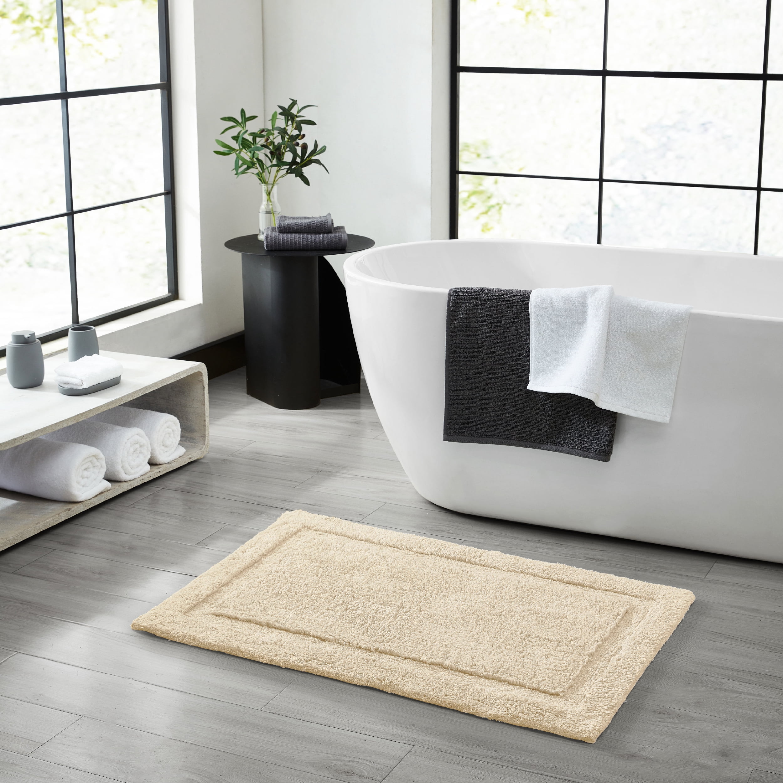Jean Pierre New York Lydia Border 100% Cotton Bath Mat - Non-Slip Bath Rug - Ivory - 17"x24"