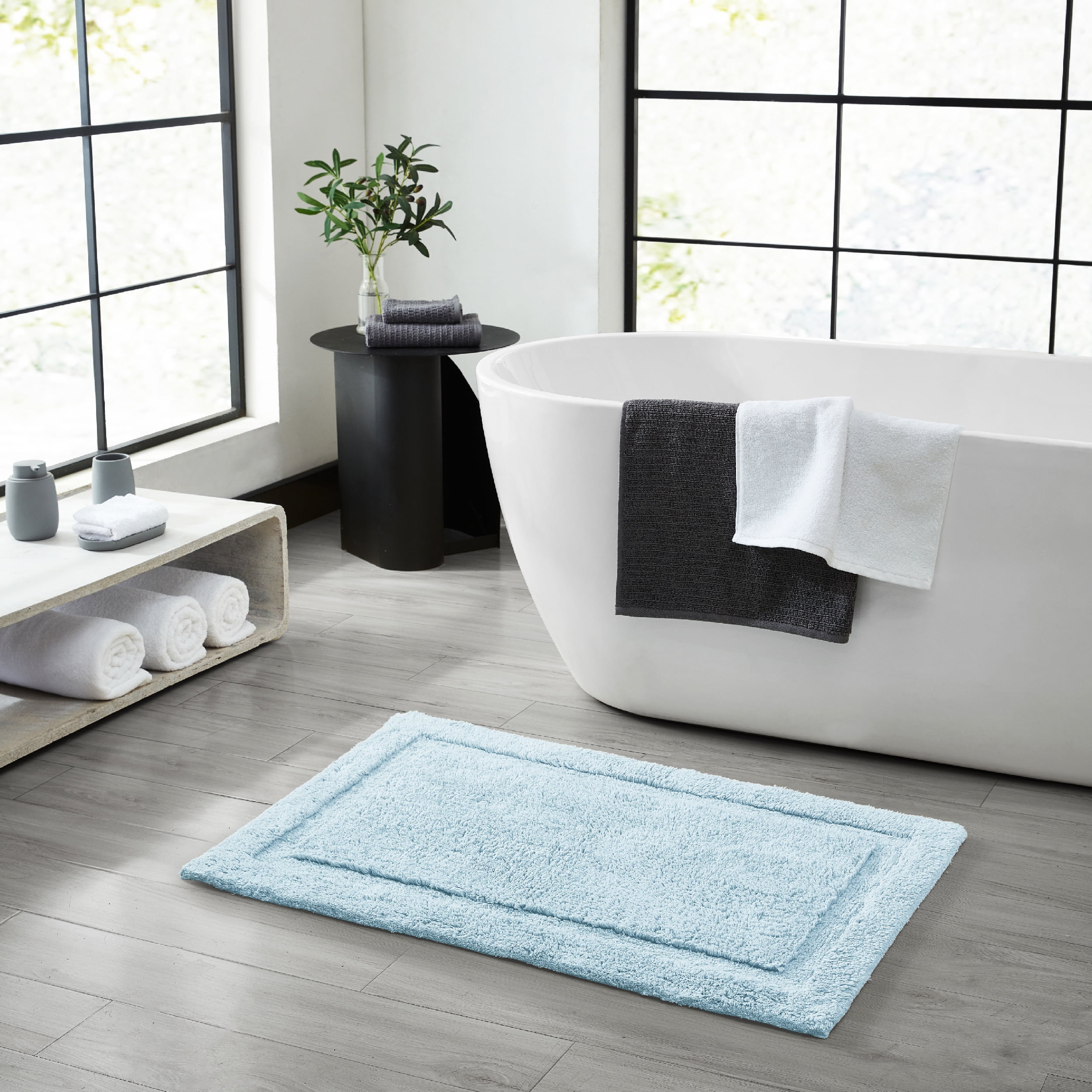 Jean Pierre New York Lydia Border 100% Cotton Bath Mat - Non-Slip Bath Rug - Light Blue - 20"x30"