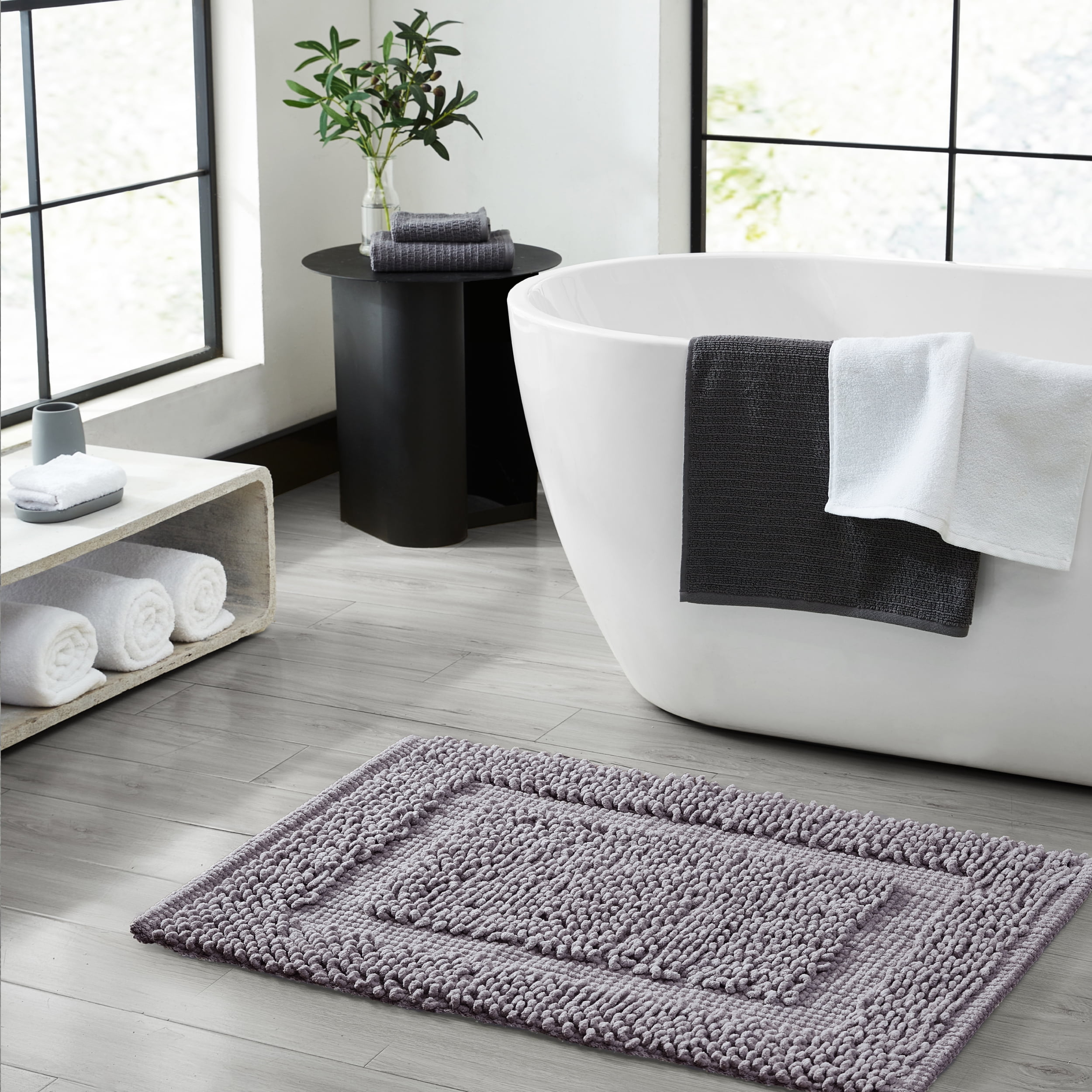 Jean Pierre New York Sophie Border 100% Cotton Bath Mat - Non-Slip Bath Rug - Charcoal Grey - 17" x 24"
