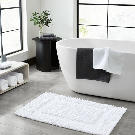 Jean Pierre New York Sophie Border 100% Cotton Bath Mat - Non-Slip Bath Rug - White - 17" x 24"