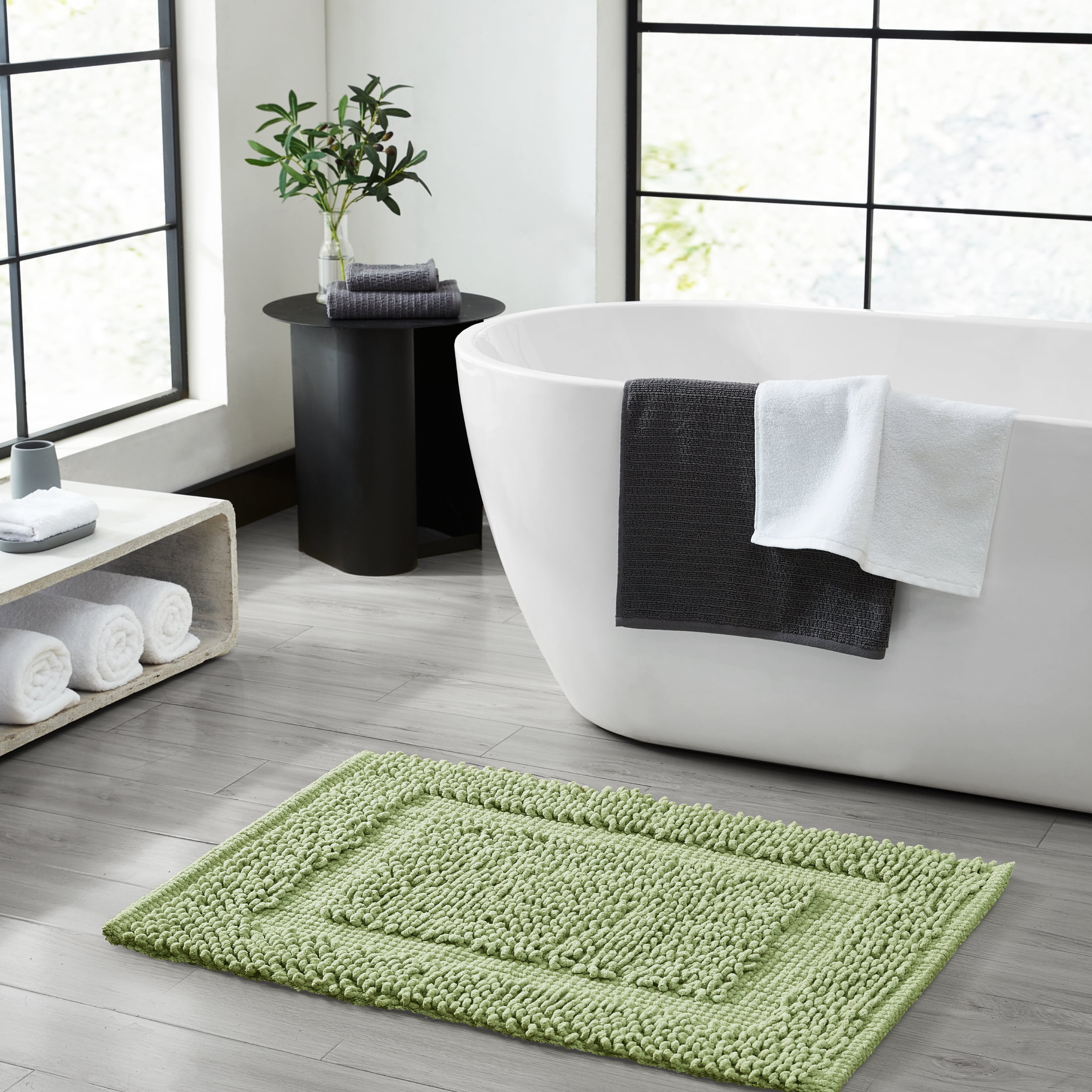 Sage Green Cotton Chenille Non-Slip Bath Mat Set