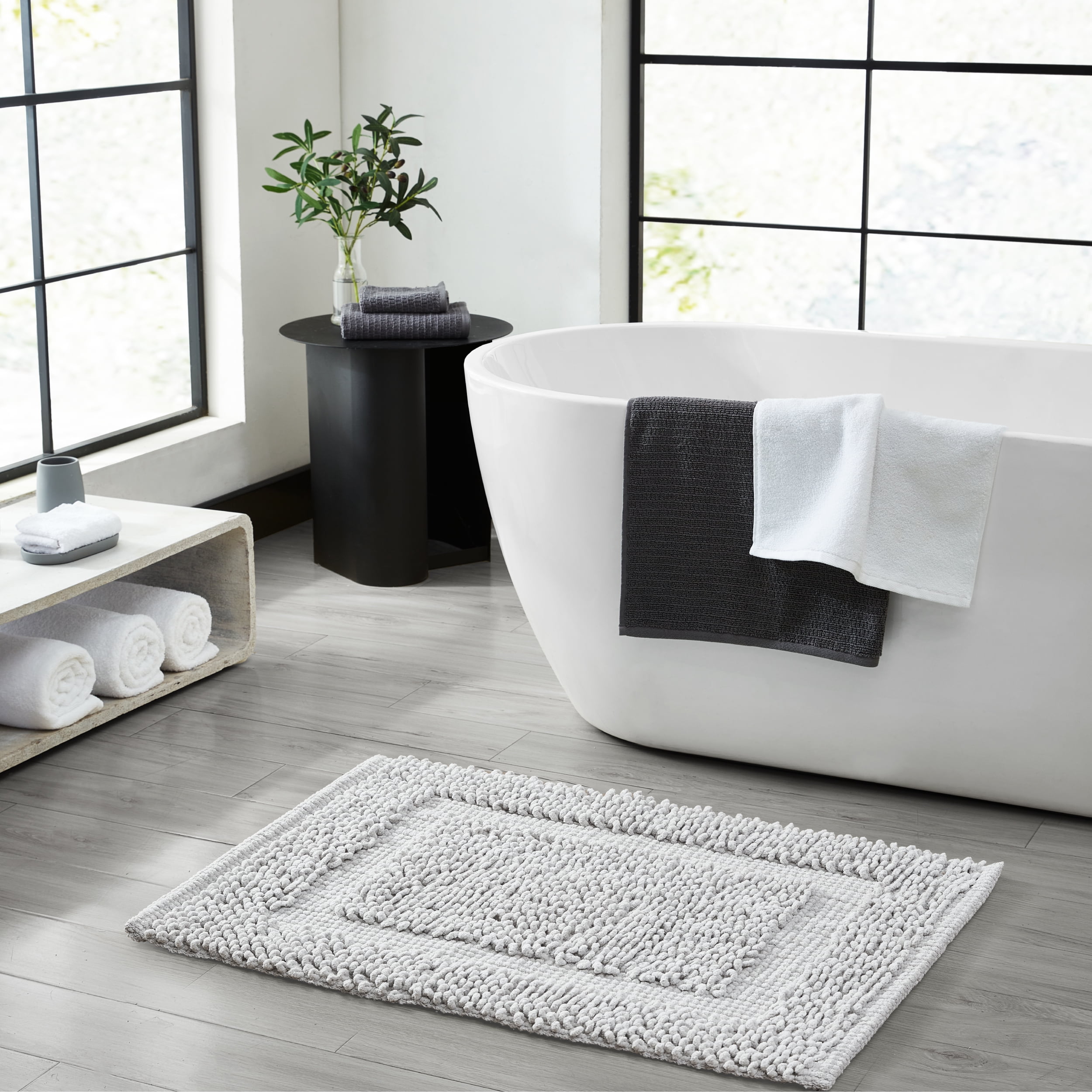 Jean Pierre New York Sophie Border 100% Cotton Non-Slip Bath Mat Set - Soft Gray - 17x24/20x32
