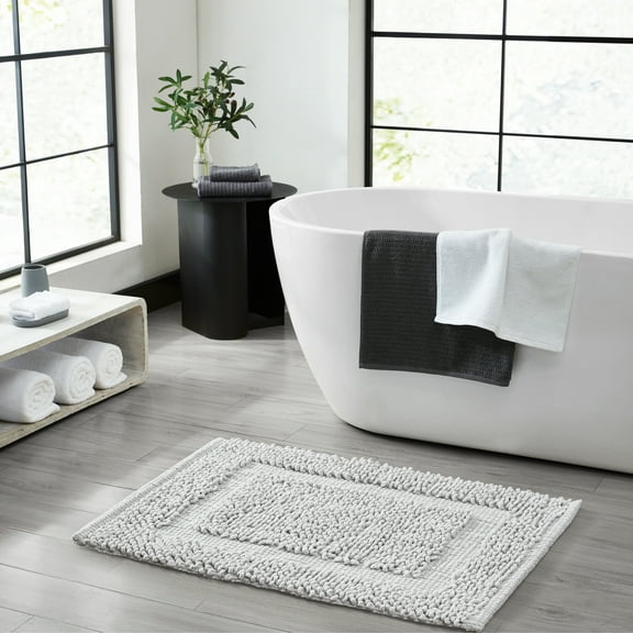 Jean Pierre New York Sophie Border 100% Cotton Non-Slip Bath Mat Set - Soft Gray - 17x24/20x32