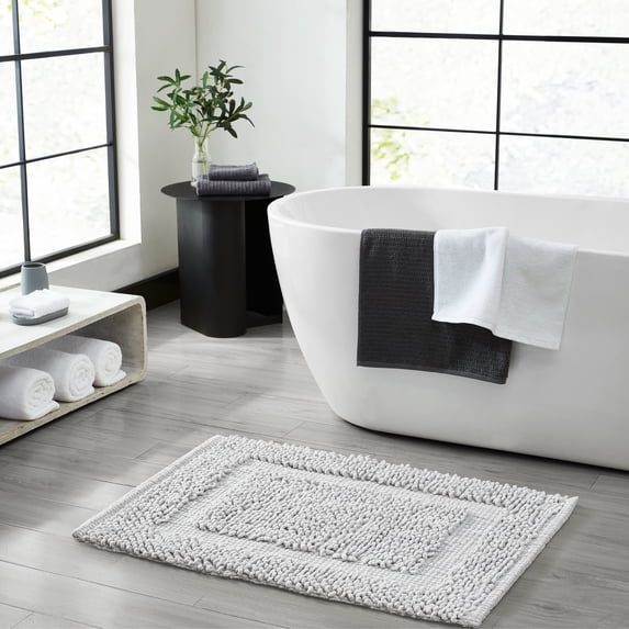 Jean Pierre New York Sophie Border 100% Cotton Non-Slip Bath Mat Set - Soft Gray - 17x24/20x32