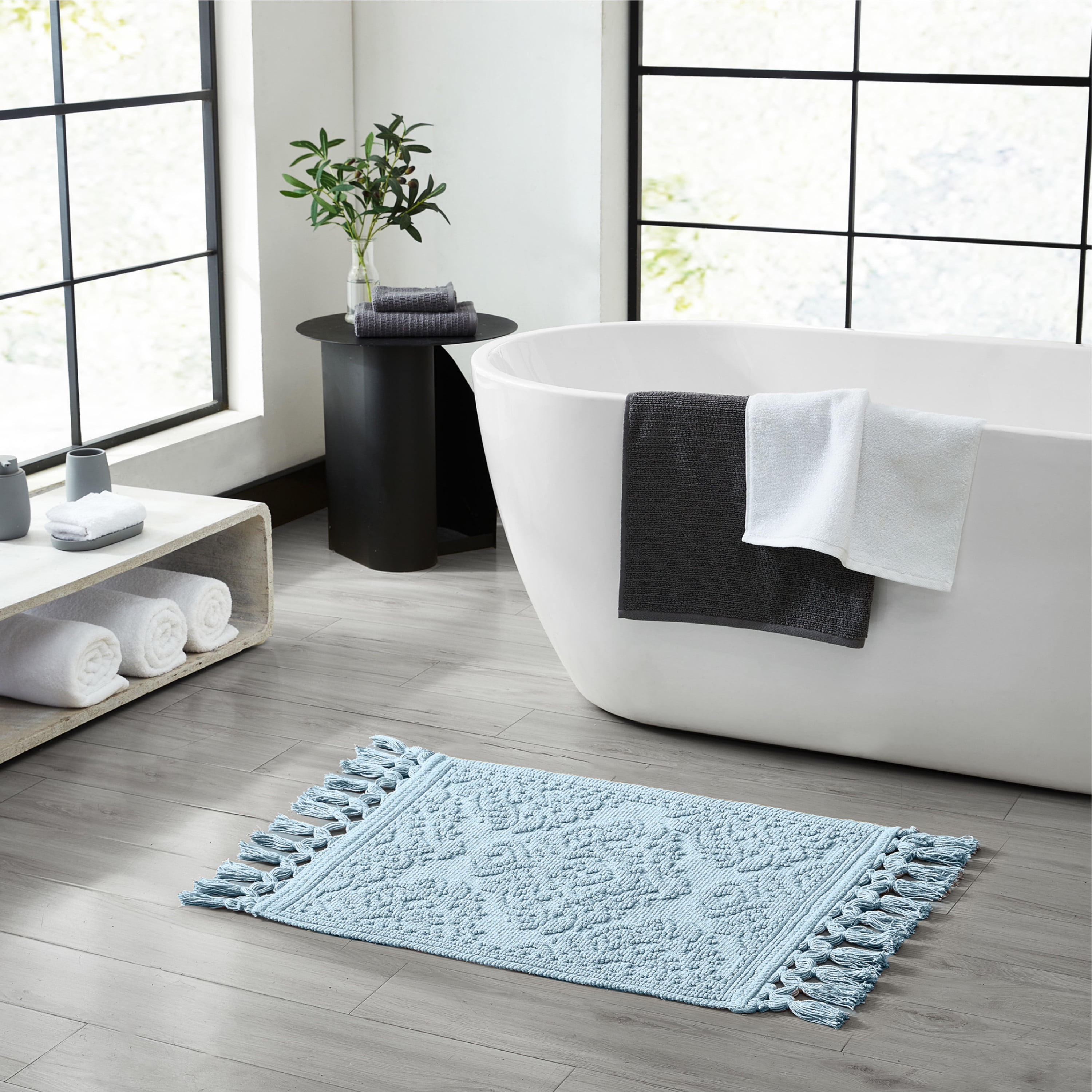 Jean Pierre Light Blue Cotton Fringe Bath Rug 21" x 41"