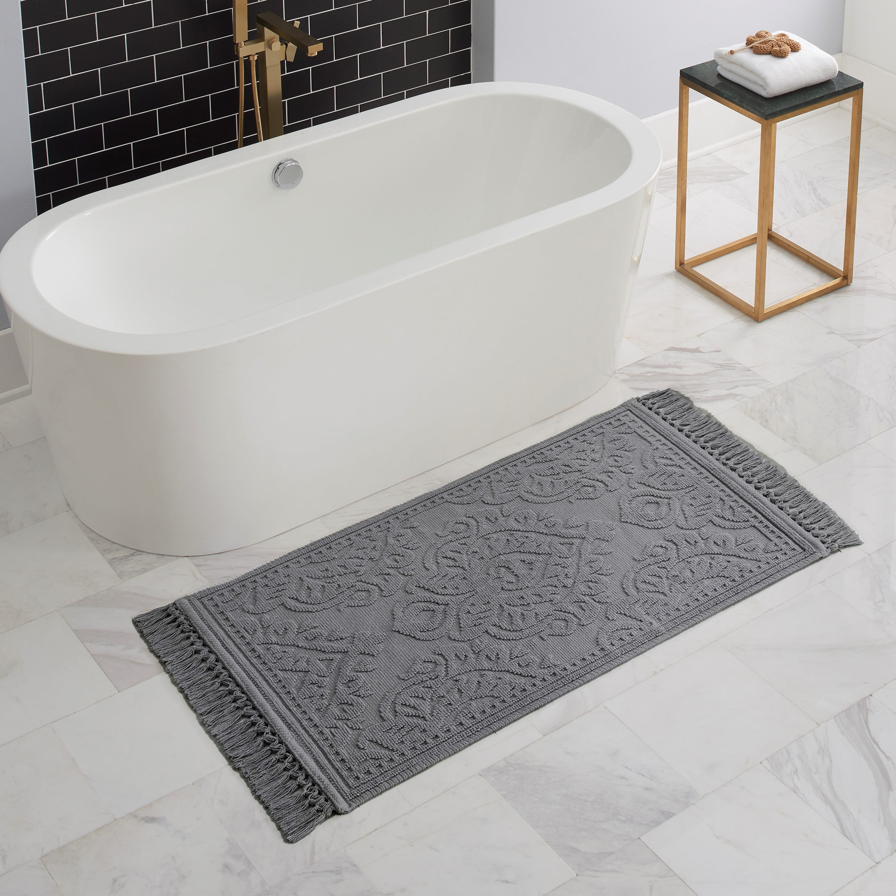 Bohemian Classic Dark Gray Cotton Bath Rug with Fringe 27 x 45 in