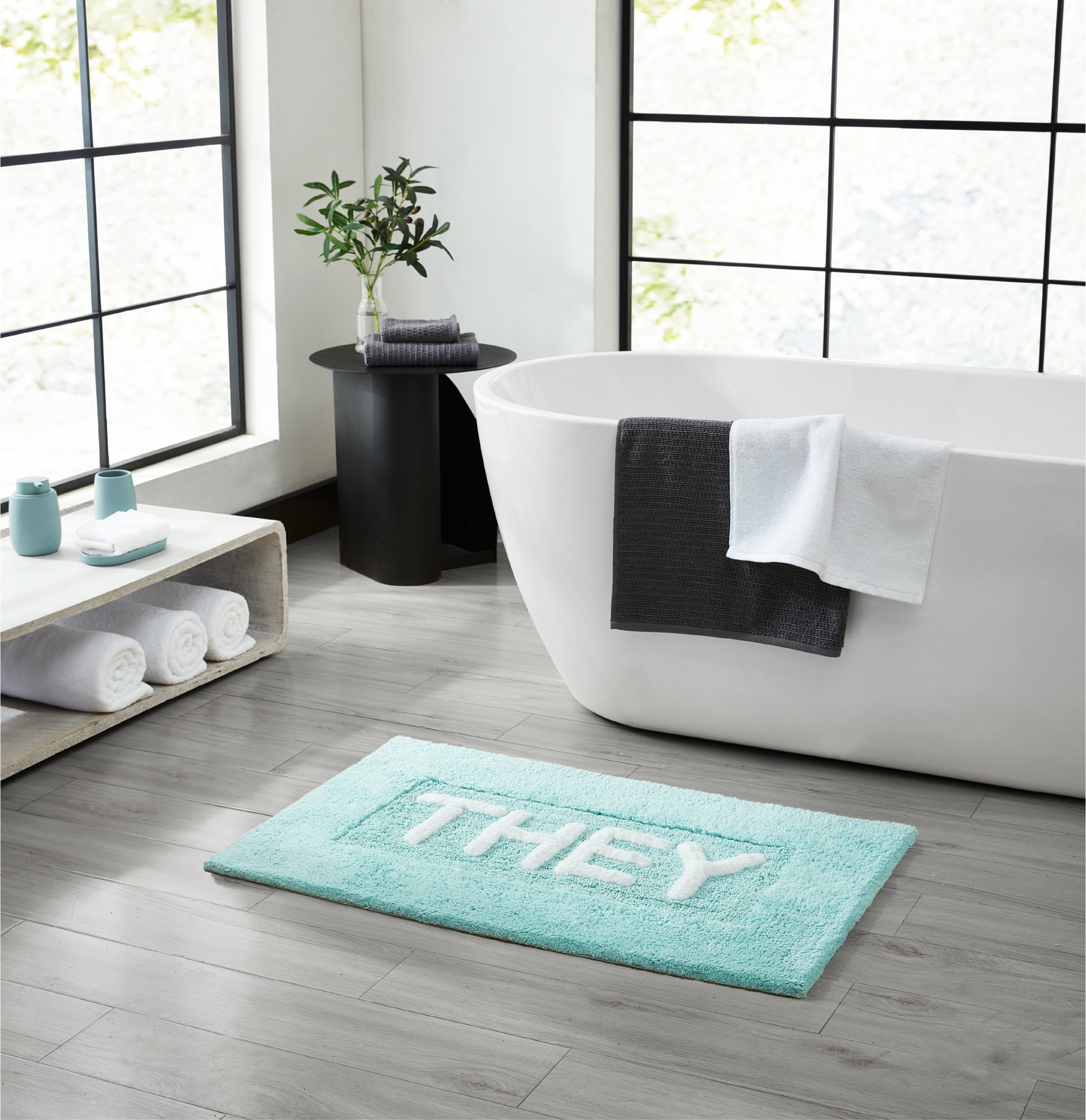 Aqua Cotton Bath Rug with 'They' Pattern, 21" x 34"