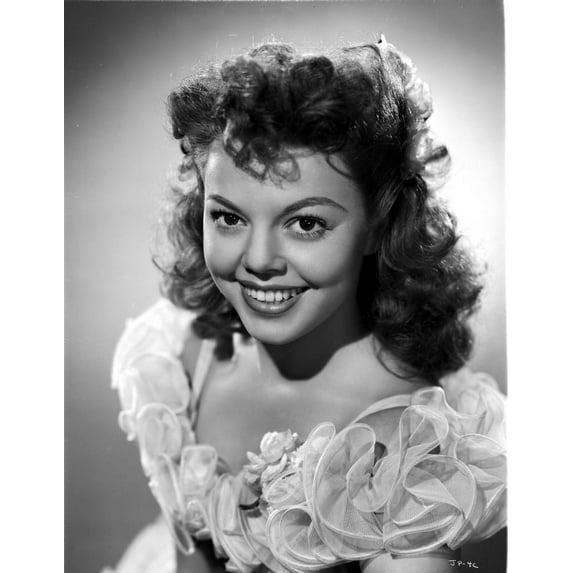 Jean Porter Portrait in White Frilled Sheer Lace Top Shoulder Dress Photo Print (8 x 10)