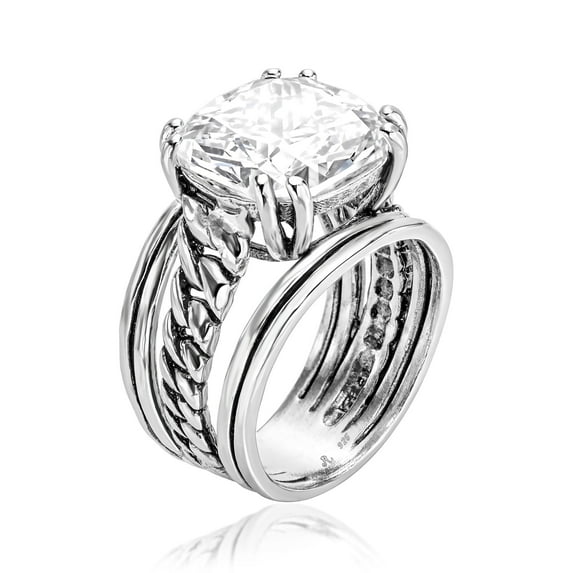 Jean Rachel Jewelry 925 Sterling Silver Statement Ring with White Cushion Shaped Cubic Zirconia