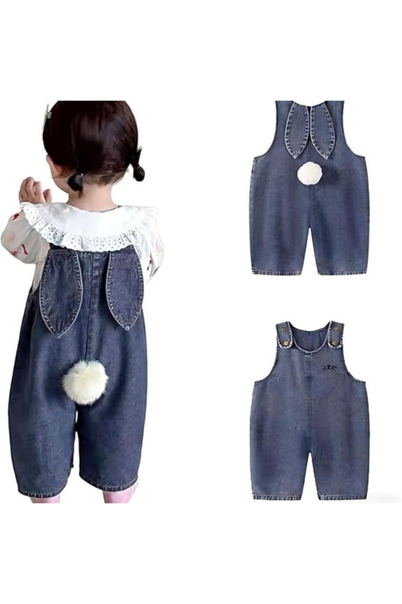 Jean Romper Button Up Baby Girls Easter Bunny Jumpsuit Toddler Cute Denim Overalls with Ears Pompom Baggy Wide Leg Washed Jean Suspender