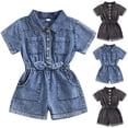 thumbnail image 1 of Jean Romper Button Up Toddler Girls Denim Romper Lapel Collar Button Short Jean Jumpsuit Kids Jeans Rompers with Pockets 6M-3T, 1 of 9