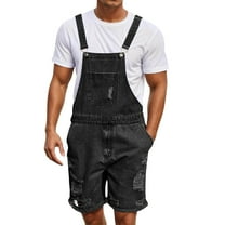 Jean Romper for Men Ripped Casual Stretch Bib Overall Jean Romper with Pocket Loose Fit Summer Comfortable Street Retro Men Denim Shorts