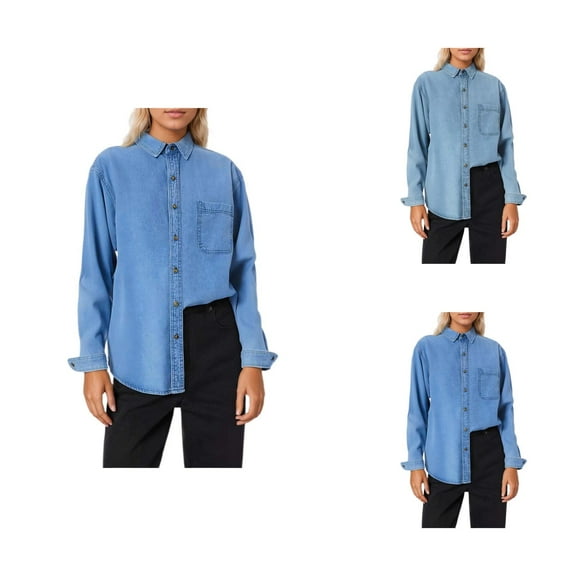 Jean Shirts for Women 2025 Long Sleeve Button Down Collared Loose Fit Casual Denim Shirt Blouse Jacket
